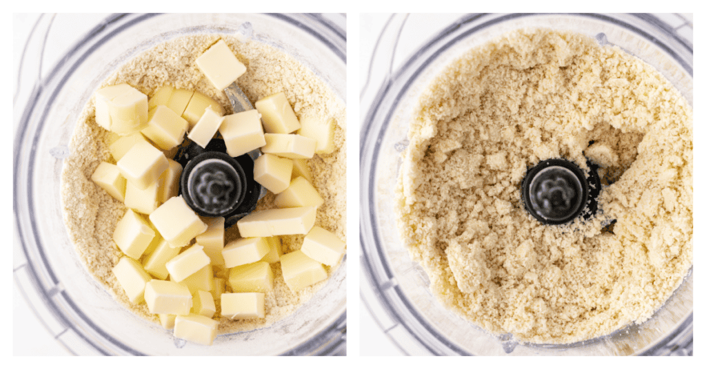 butter added to pie crust mixture in a food processor