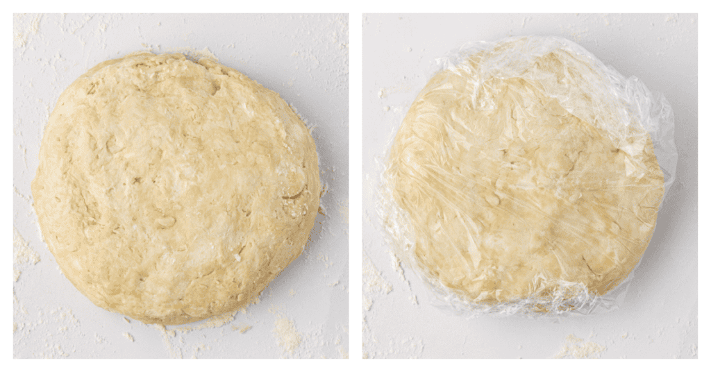 pie dough in a disc wrapped in plastic