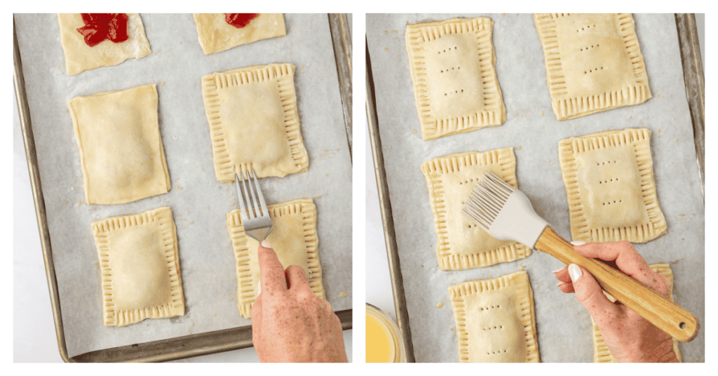 edges of pie dough crimped and egg washed