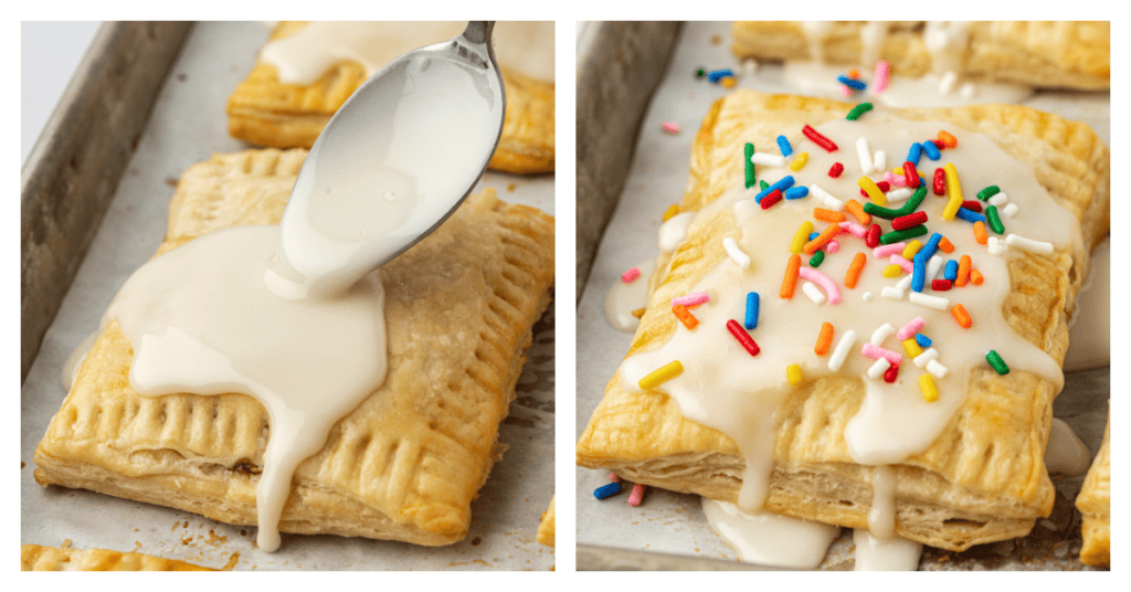 homemade pop tart being topped with glaze and sprinkles