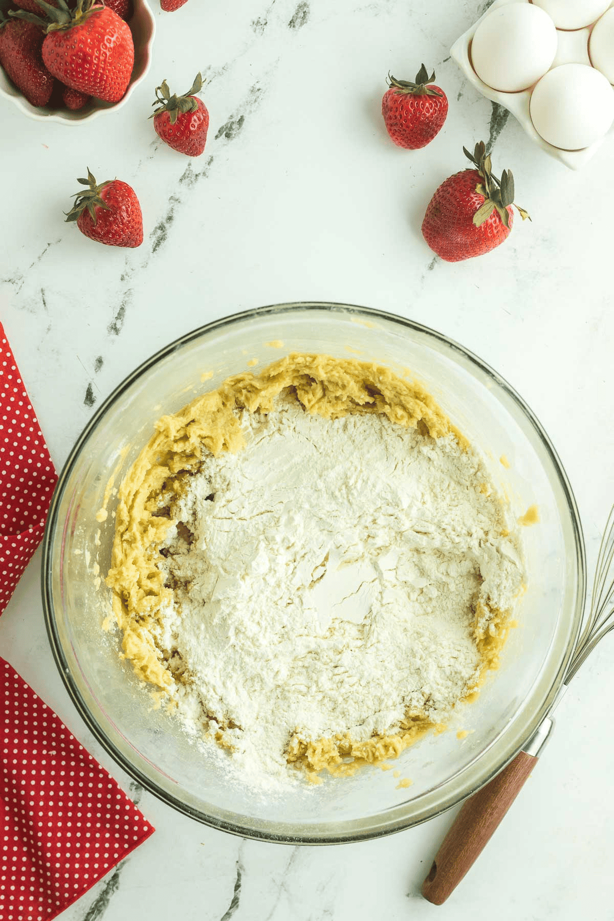 dry ingredients in bowl of strawberry cheesecake cookie dough