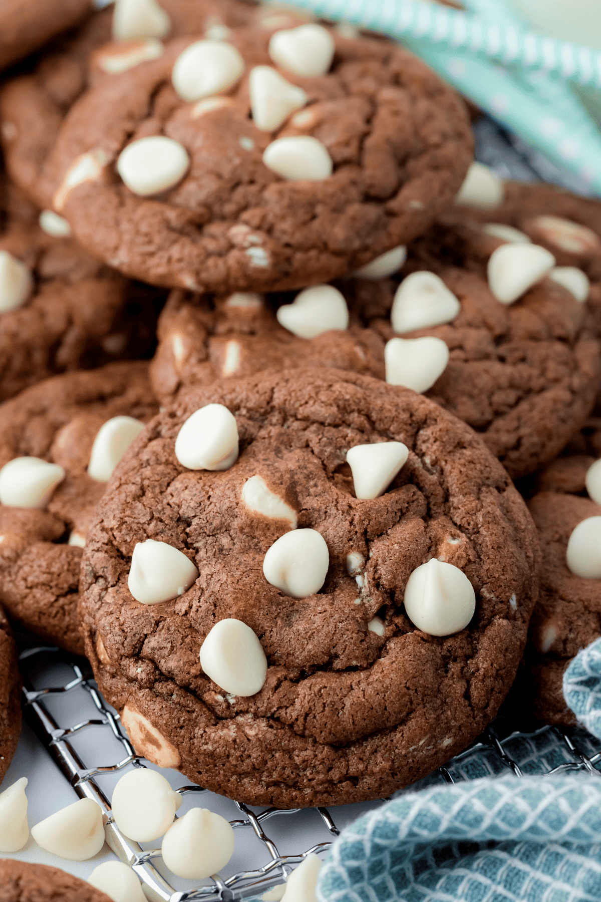 chocolate white chocolate chip cookies on a wire rack