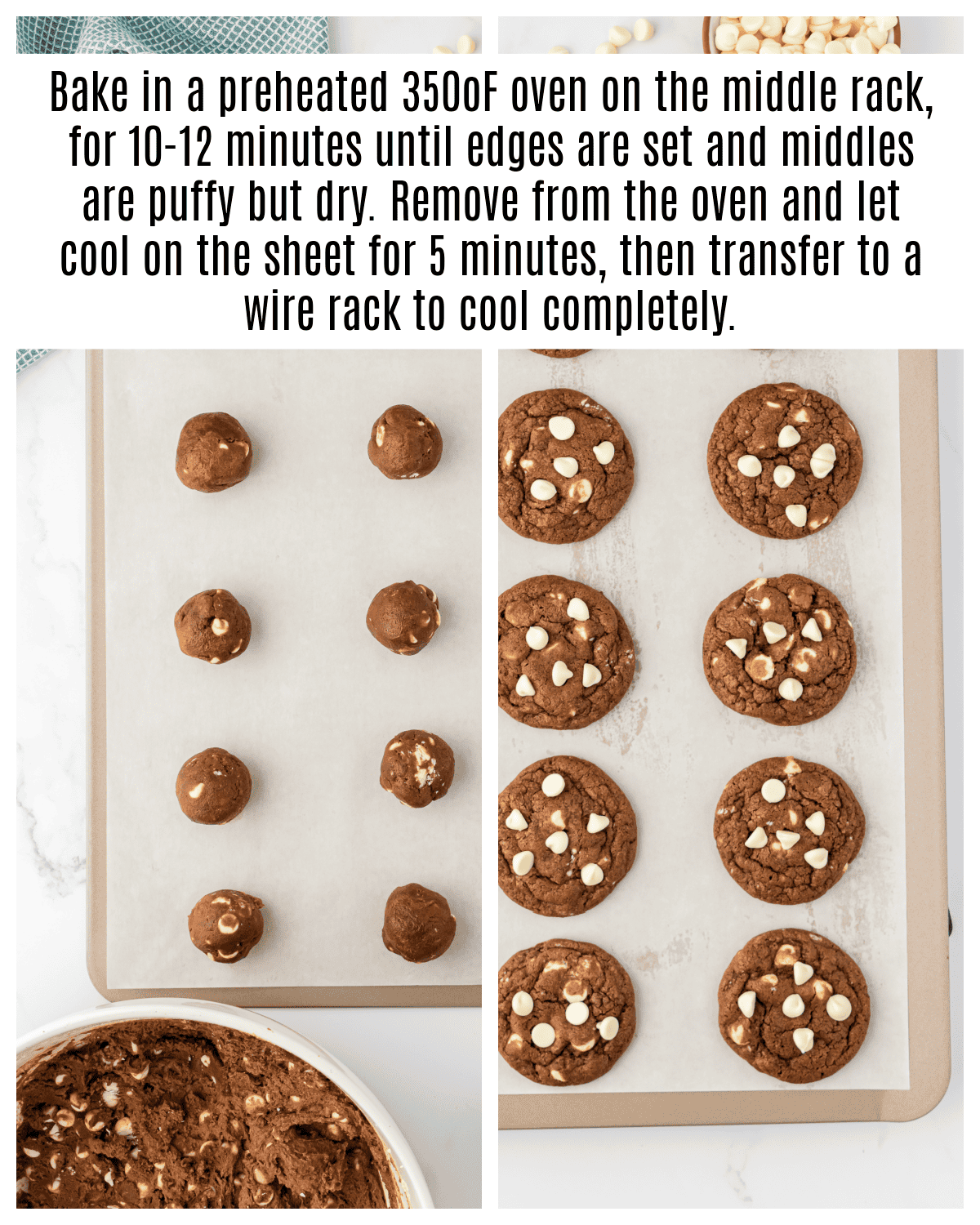 unbaked and baked white chocolate chip cookies on baking sheet lined with parchment paper