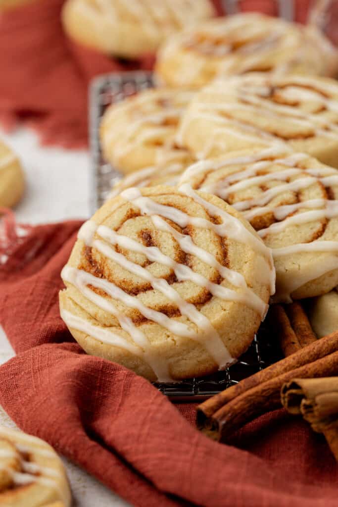 cinnamon roll cookies on a wire rack