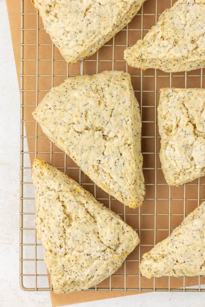 lemon poppyseed scones on a wire rack
