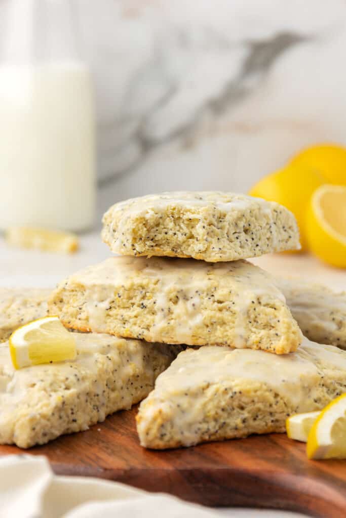 a stack of lemon poppyseed scones