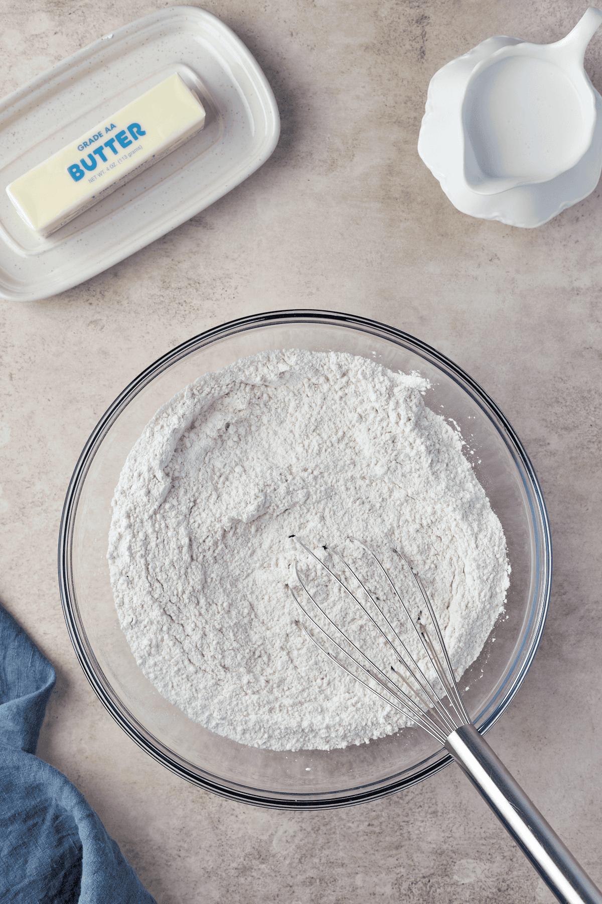 biscuit dry ingredients in a bowl with a whisk