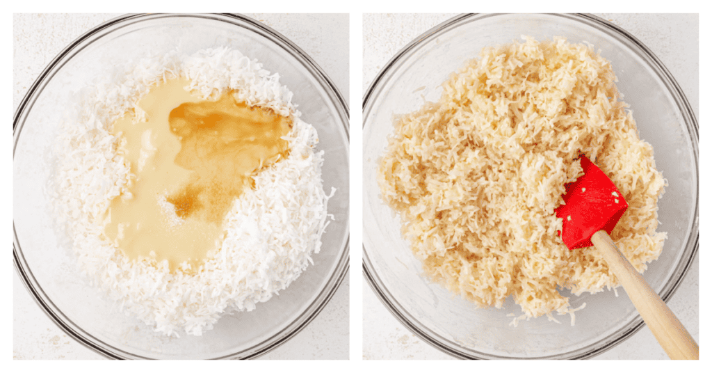 coconut macaroon ingredients mixed togther in a bowl