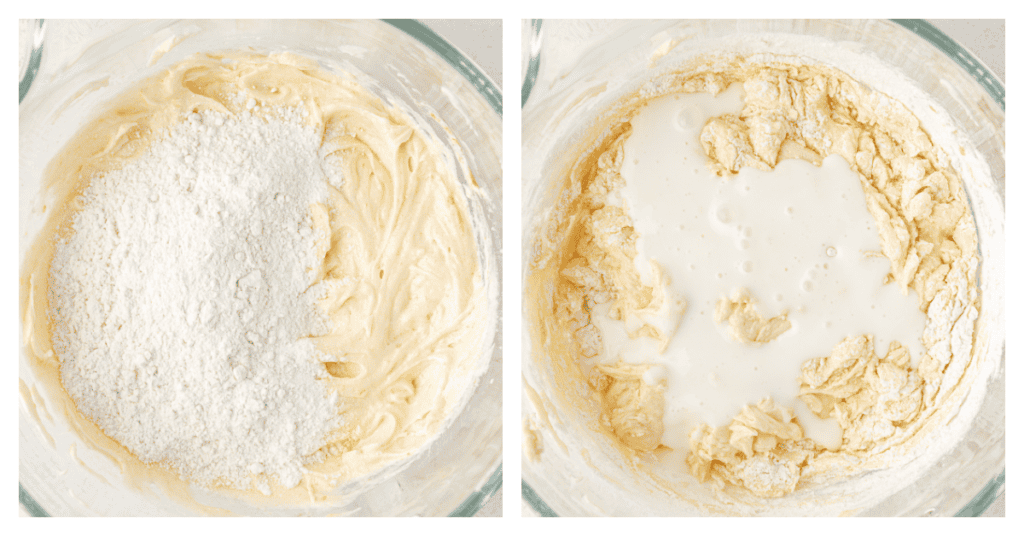 dry ingredients and buttermilk added alternately to the cake batter