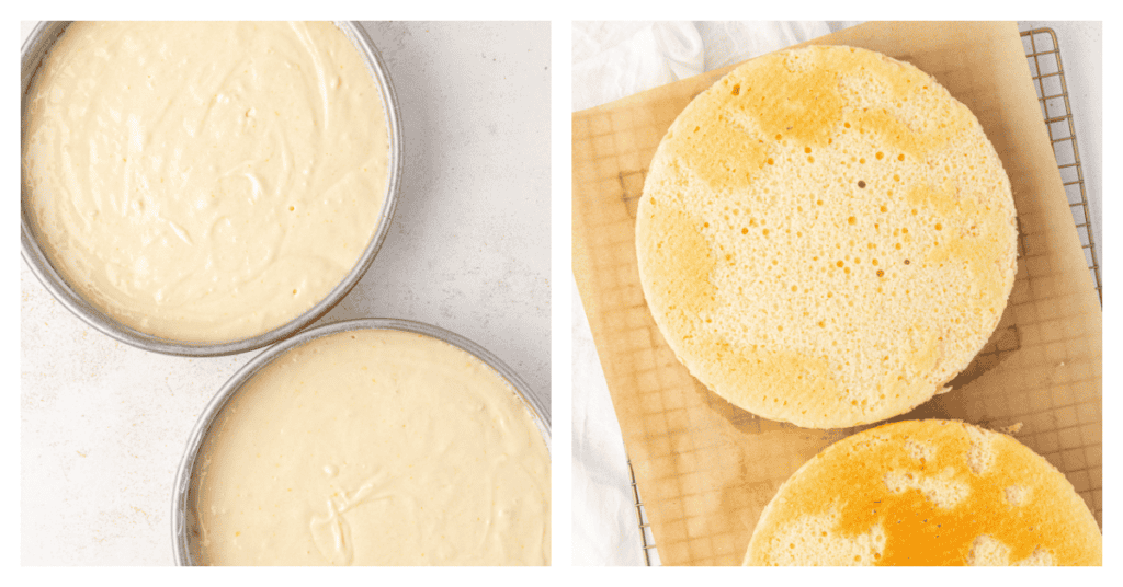 vanilla cakes unbaked in pan and baked cooling on a wire rack