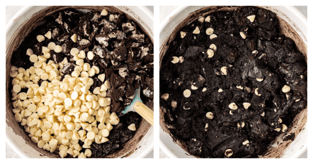 white chocolate chips and oreo cookies stirred into cookie dough