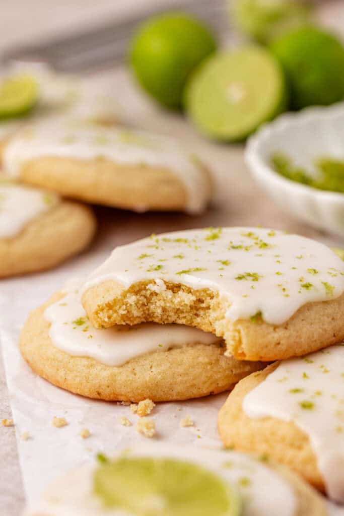 key lime cookie with a bite taken out of it