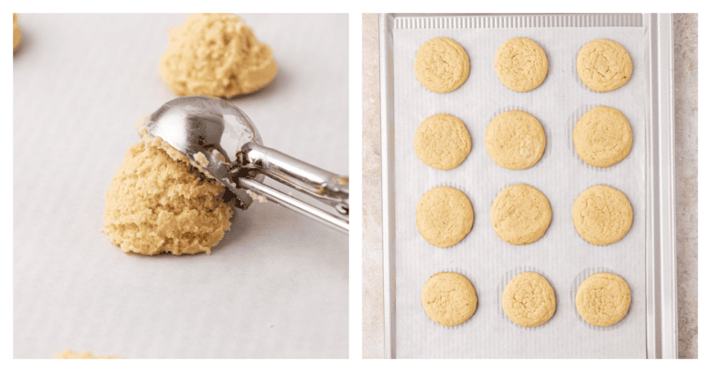 cookies scooped and baked on a parchment lined baking sheet