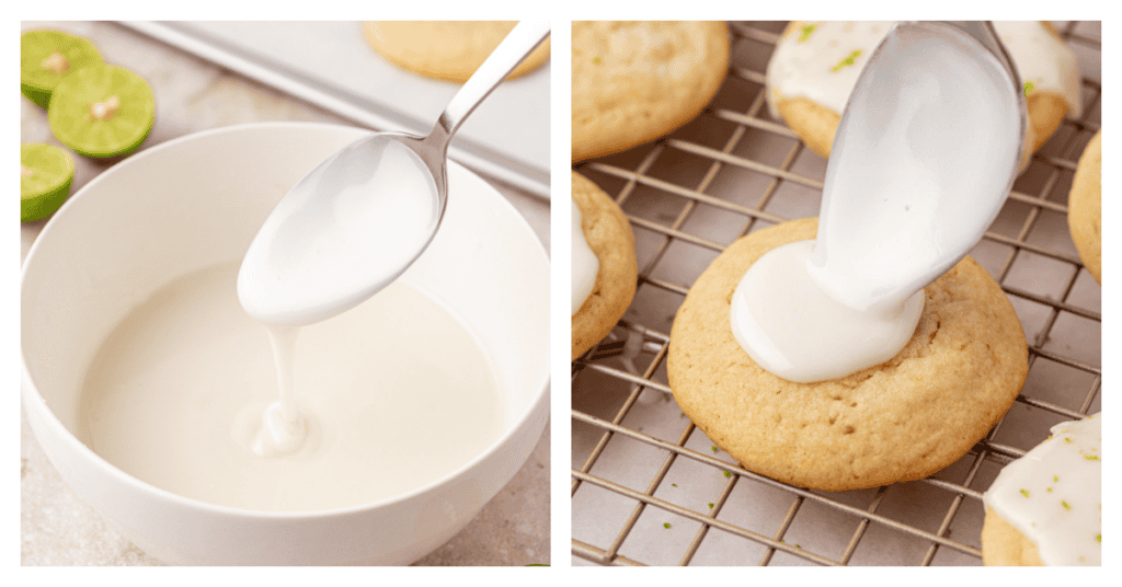 lime glaze in a bowl drizzled over a cookie