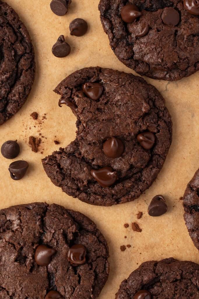 double chocolate chip cookie with a bite missing