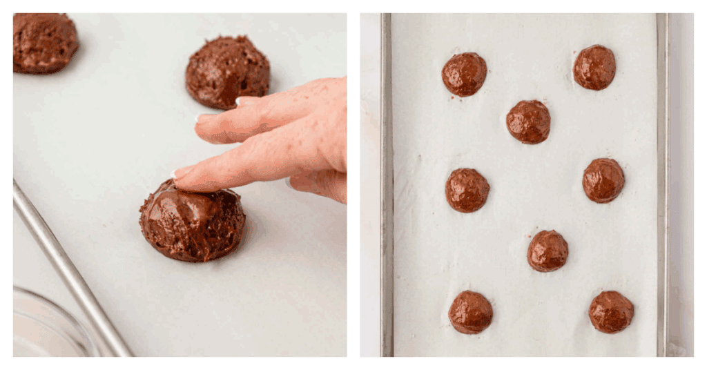 whoopie pies scooped and placed onto baking sheet and tops smoothed down