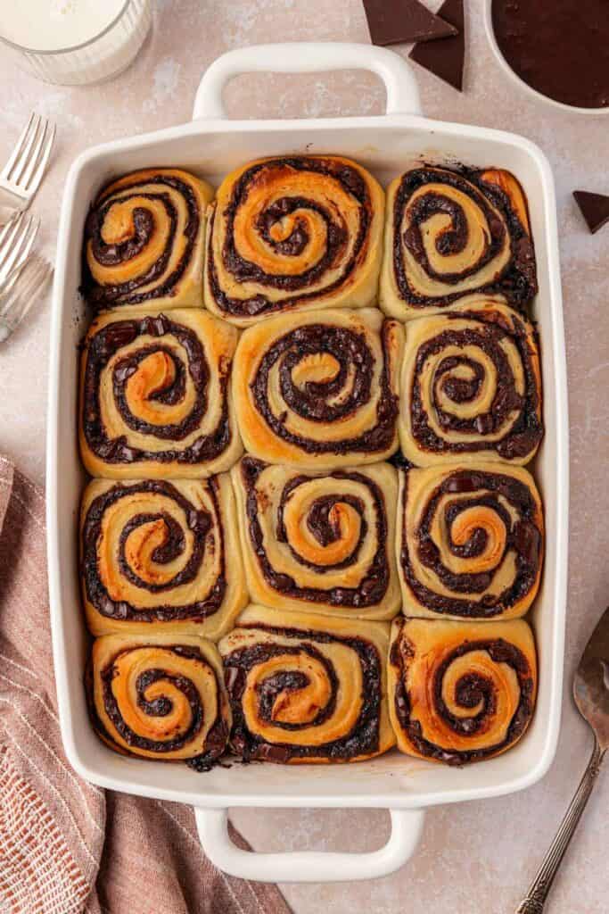 baked chocolate rolls in a pan