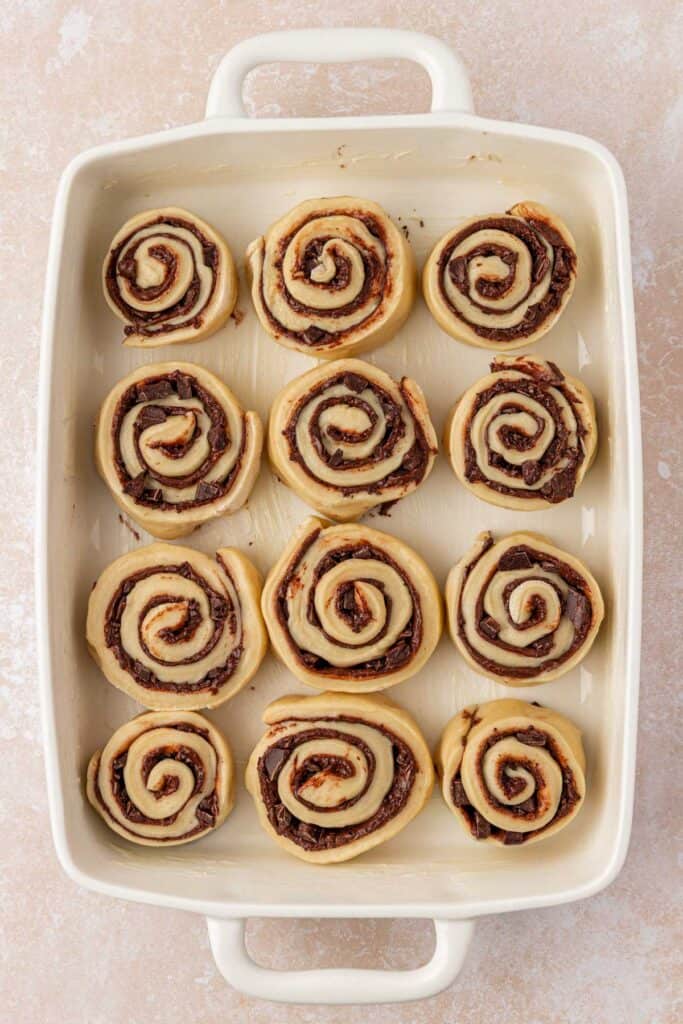 chocolate rolls in a pan rising