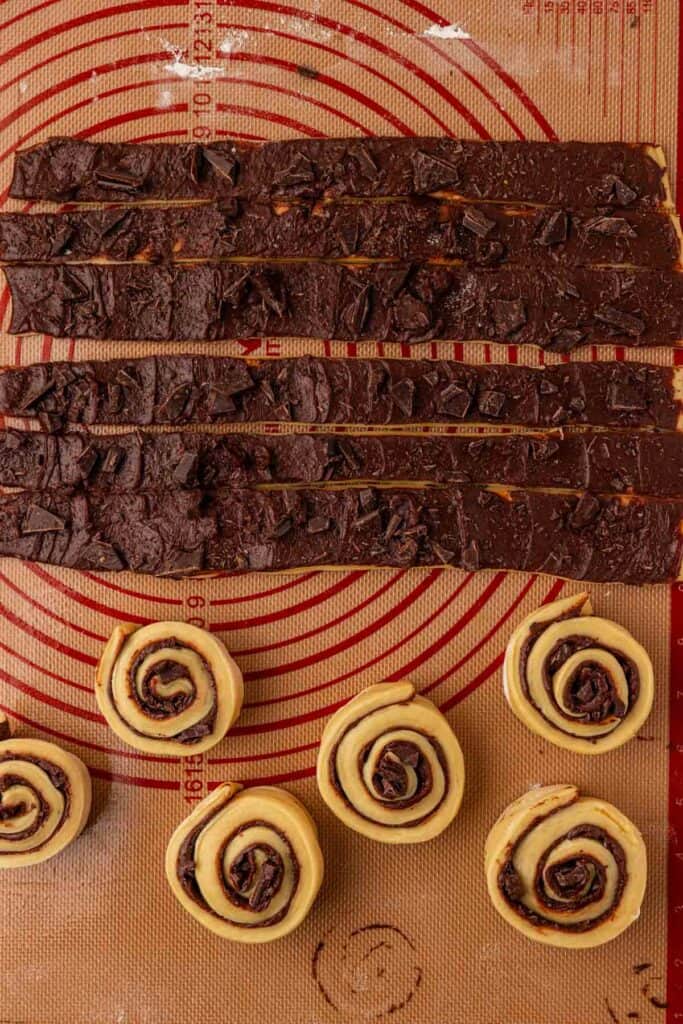 chocolate rolls cut into strips and rolled up into spirals