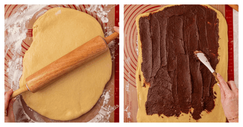 dough rolled out and spread with chocolate filling