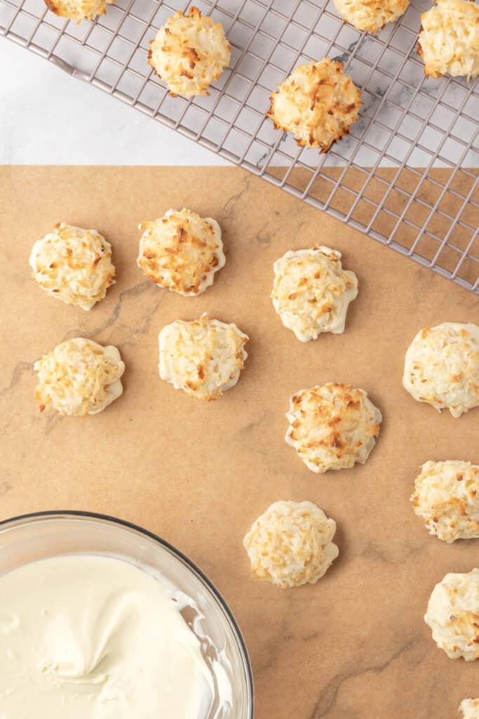 lemon coconut macaroons dipped in white chocolate