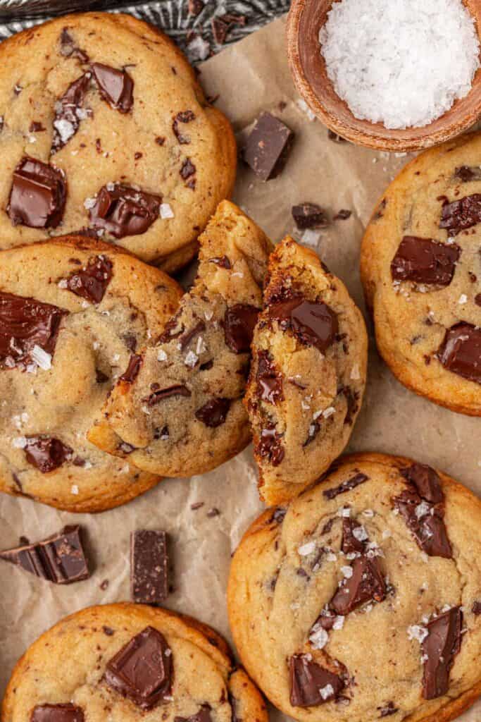 chocolate chip cookie broken in half