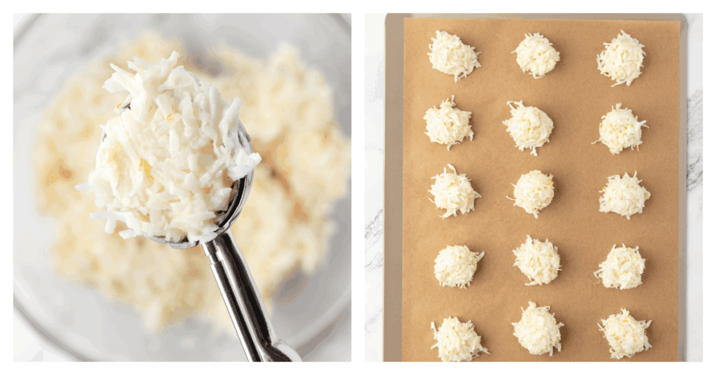 cookie scoop scooped macaroons onto baking sheet