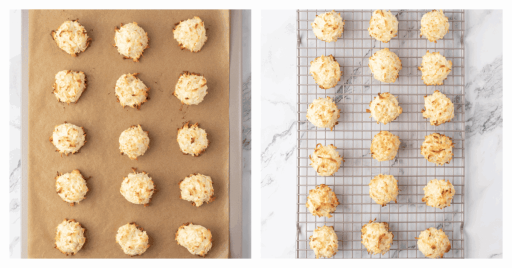 baked coconut macaroons on a cookie sheet and wire rack